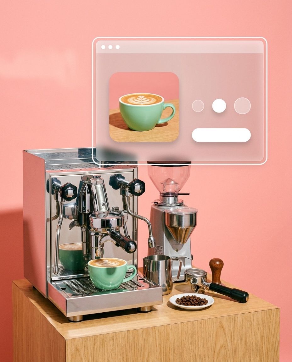 Cafetera de espresso con molino y taza de latte, junto a una ventana para pedir café