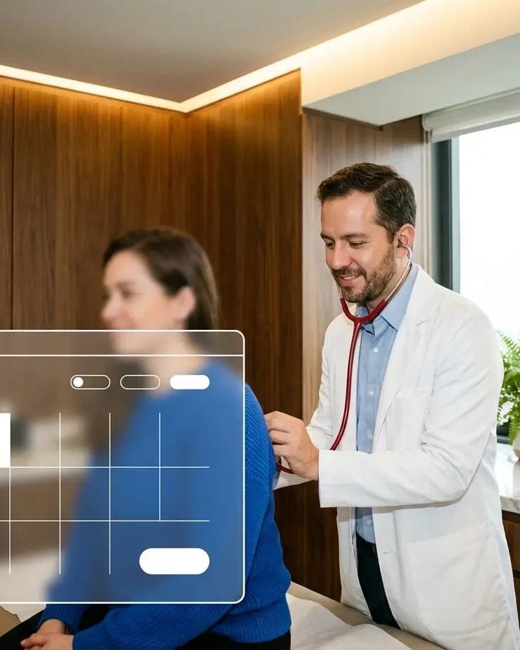 Doctor escuchando con estetoscopio la espalda de una paciente en un consultorio privado, junto a una ventana para agendar cita