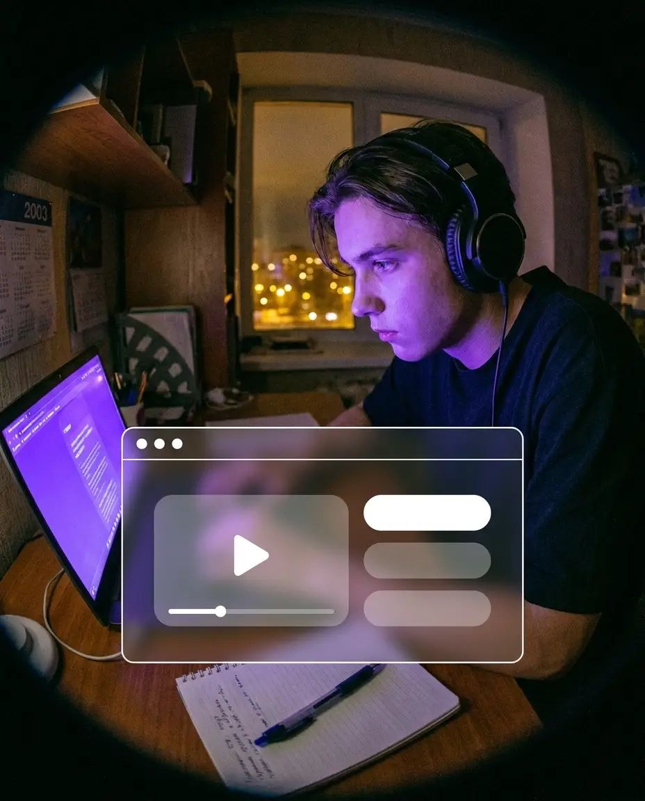 Joven con audífonos tomando un curso en línea de noche, junto a una ventana con video de la clase