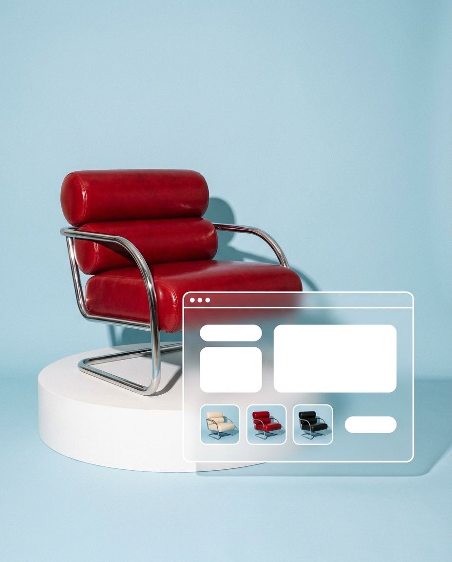 Sillón rojo sobre un pedestal blanco junto a una ventana de tienda en línea con el mismo sillón en tres colores
